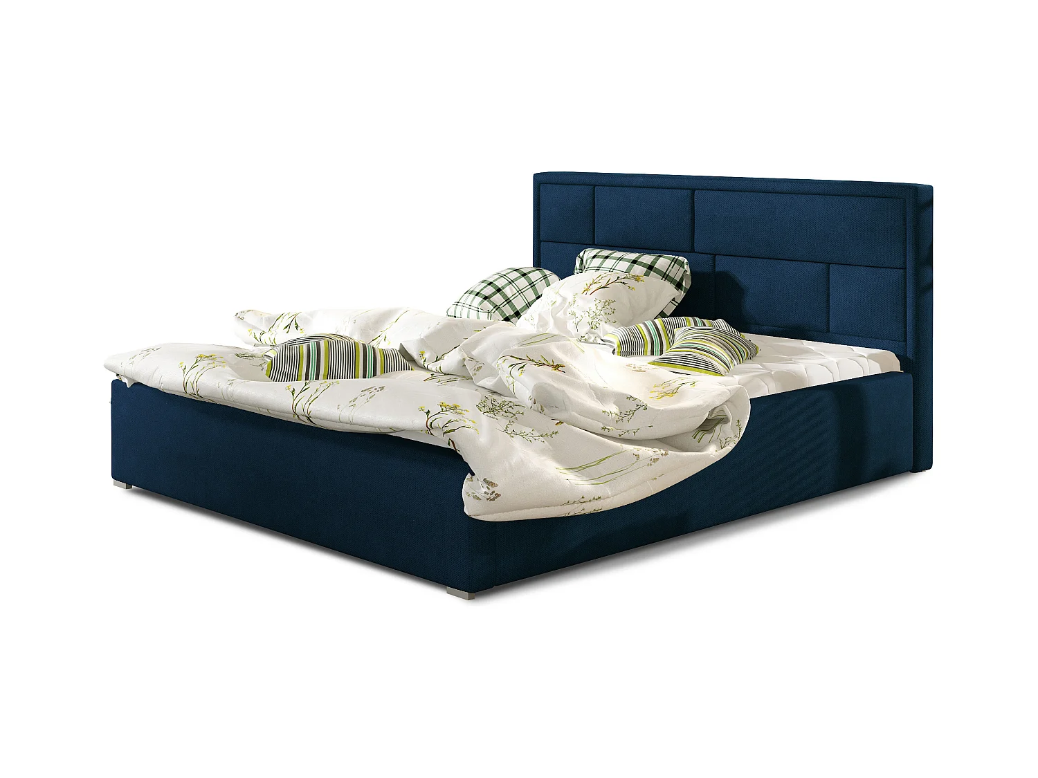 Lit avec coffre velours bleu tête de lit capitonnée Lenzo - 4 tailles-180x200