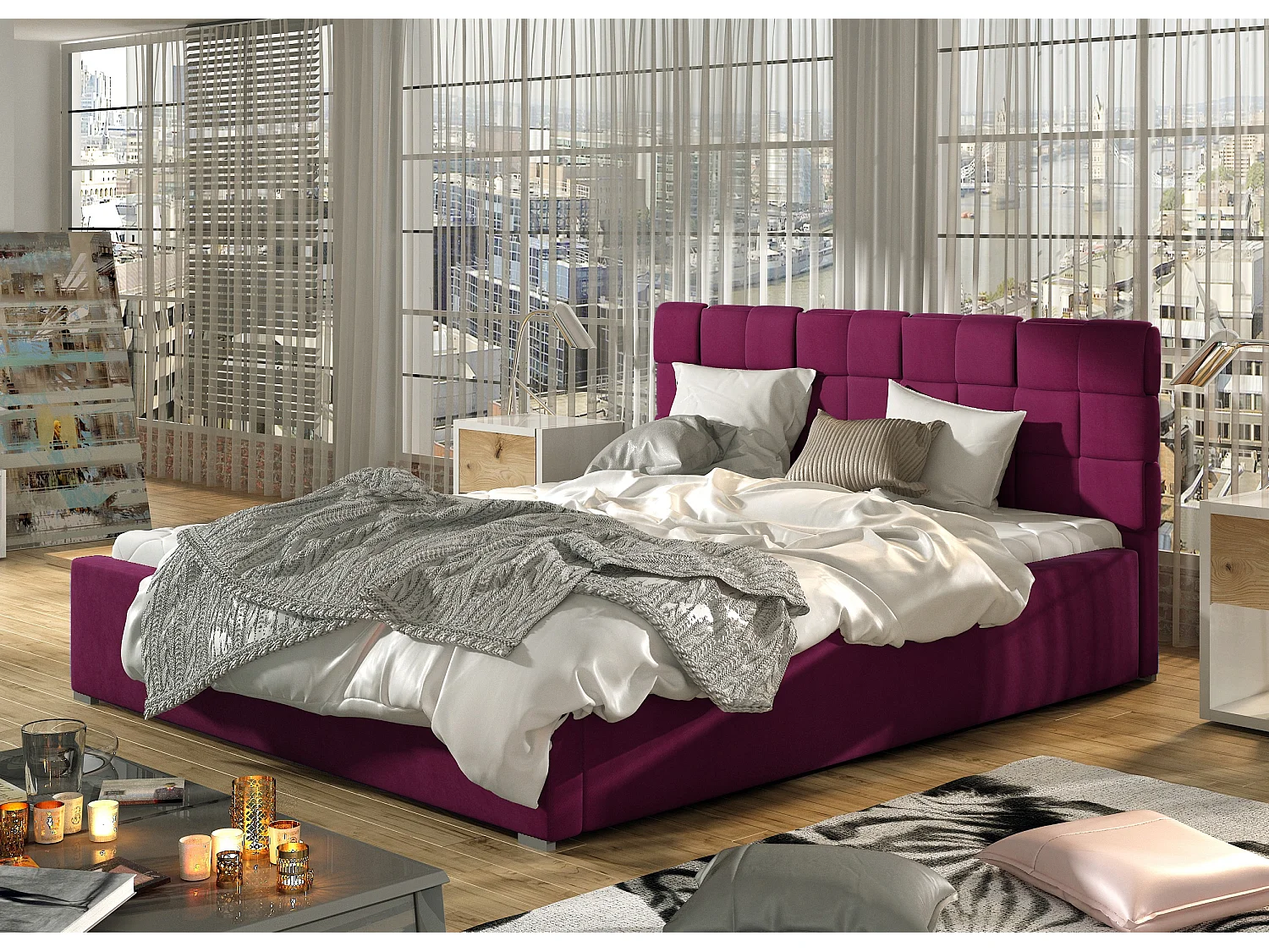 Lit avec coffre de rangement 180x200 capitonné velours bordeaux Kandy