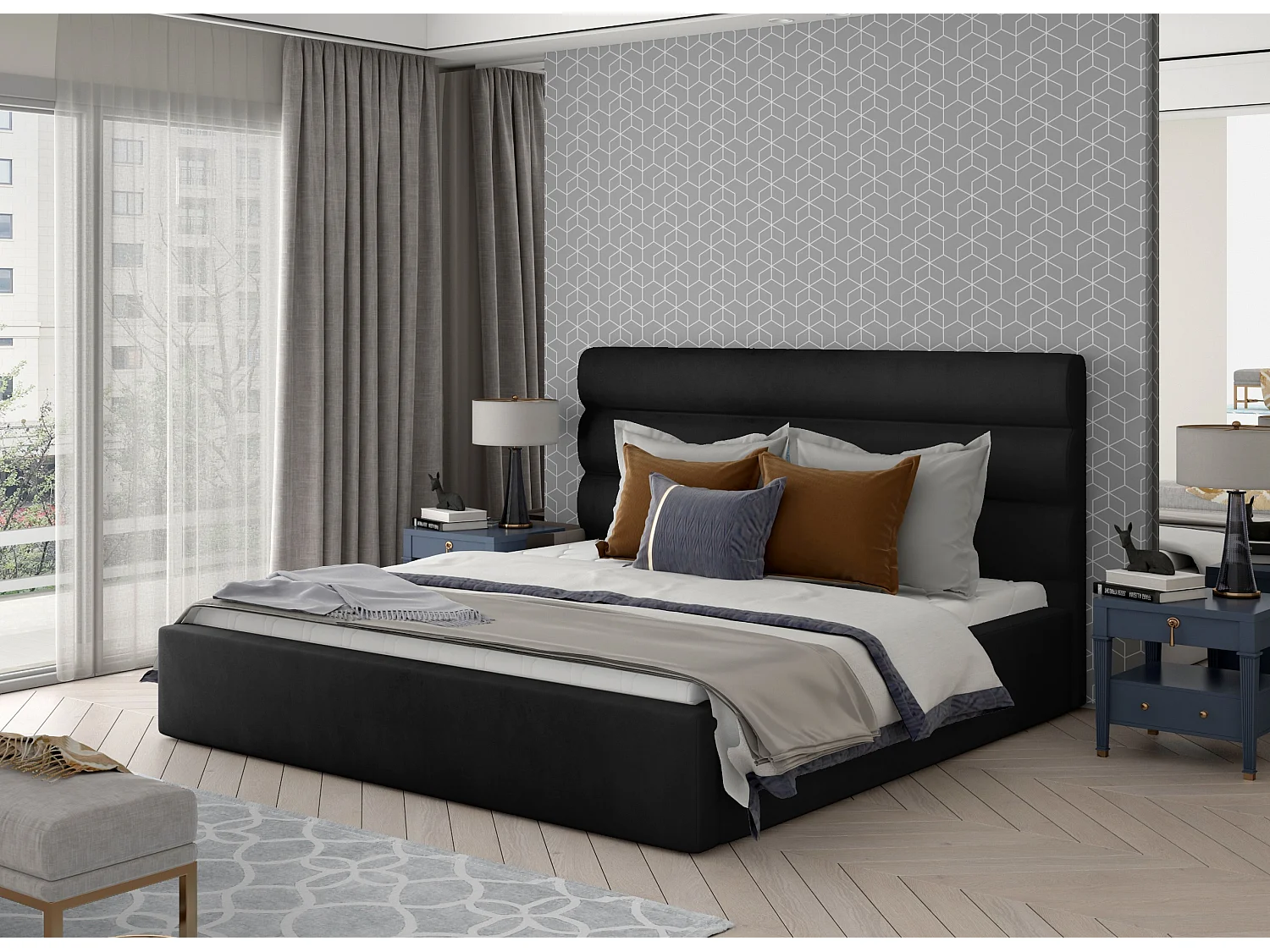 Lit design velours noir avec coffre de rangement Klarina - 4 tailles-180x200