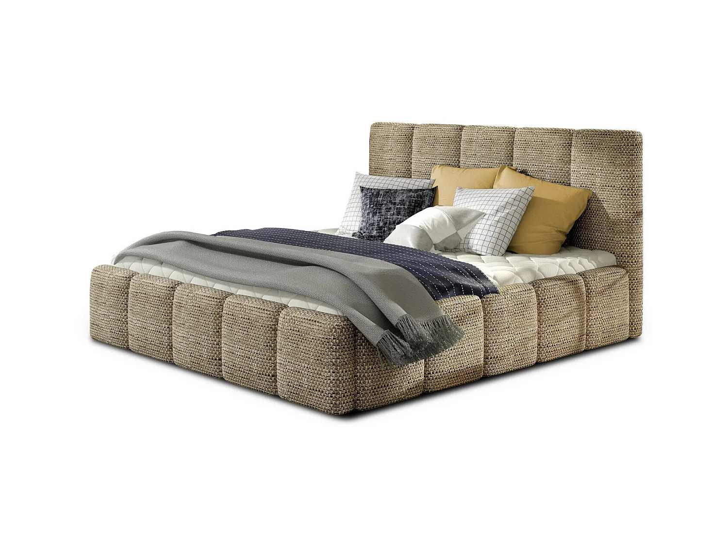 Lit moderne capitonné tissu Vika-Couleur Beige chiné-140x200-Version avec sommier
