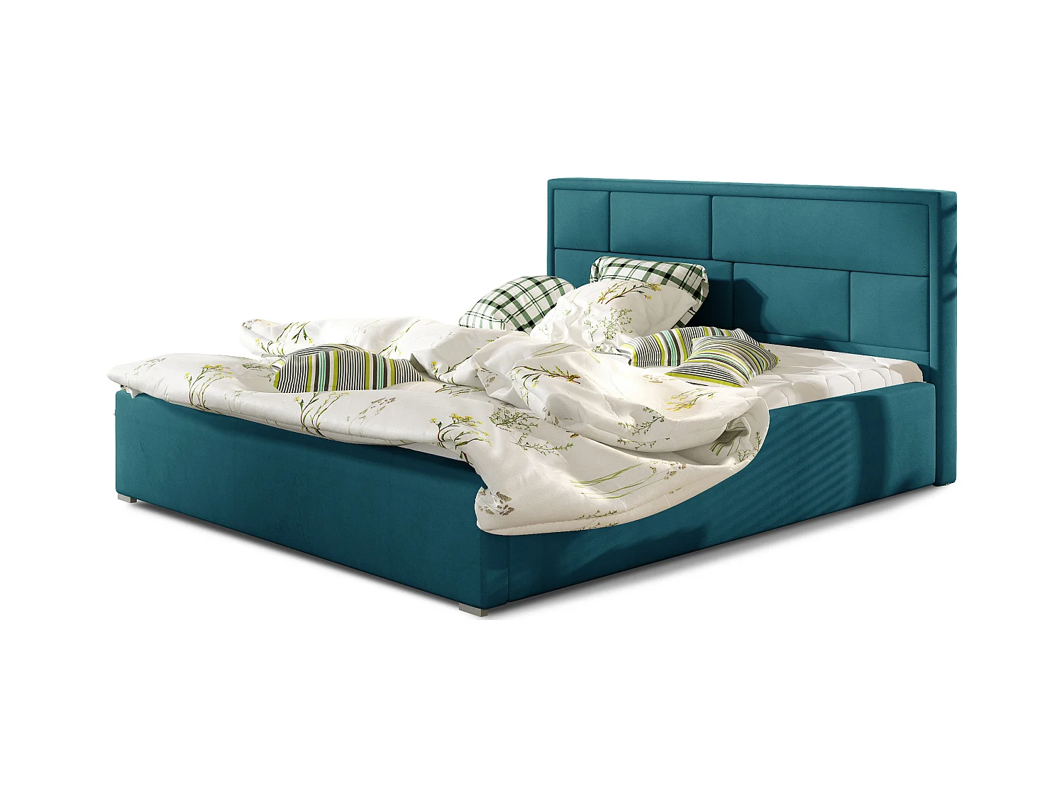 Lit avec coffre velours bleu canard tête de lit capitonnée Lenzo - 4 tailles-180x200