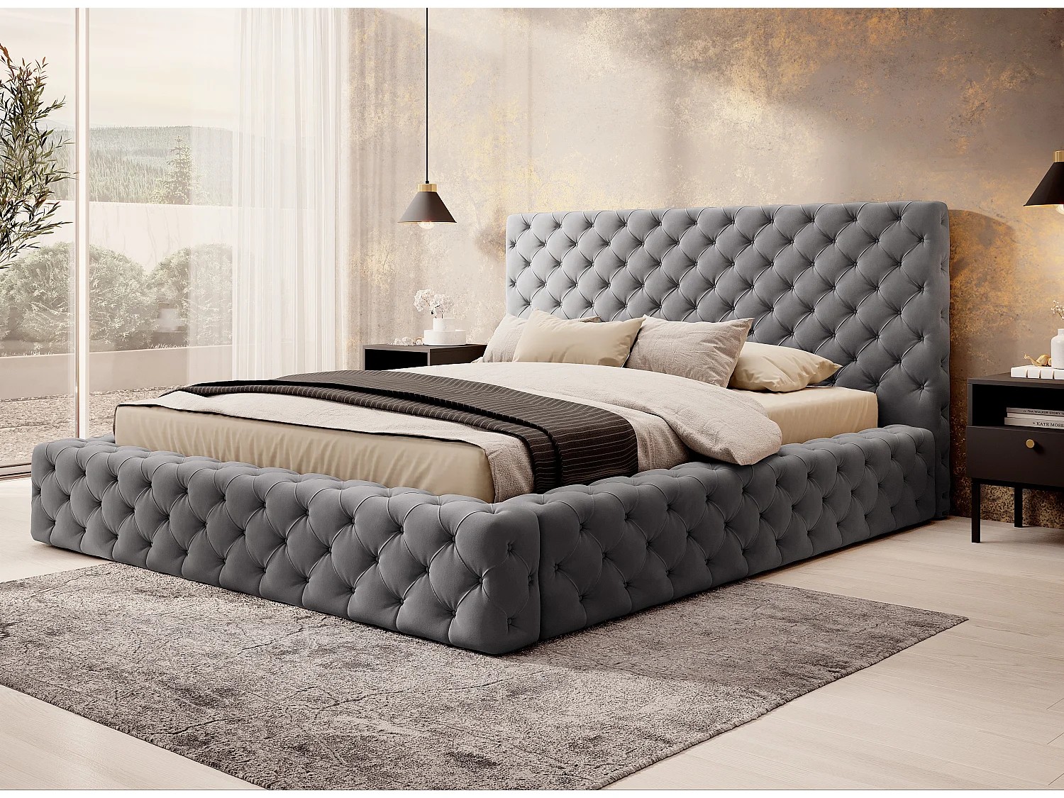 Prince prestige opbergbed – Elegantie van gewatteerd fluweel-Kleur Grijs-Slapen 140x200cm