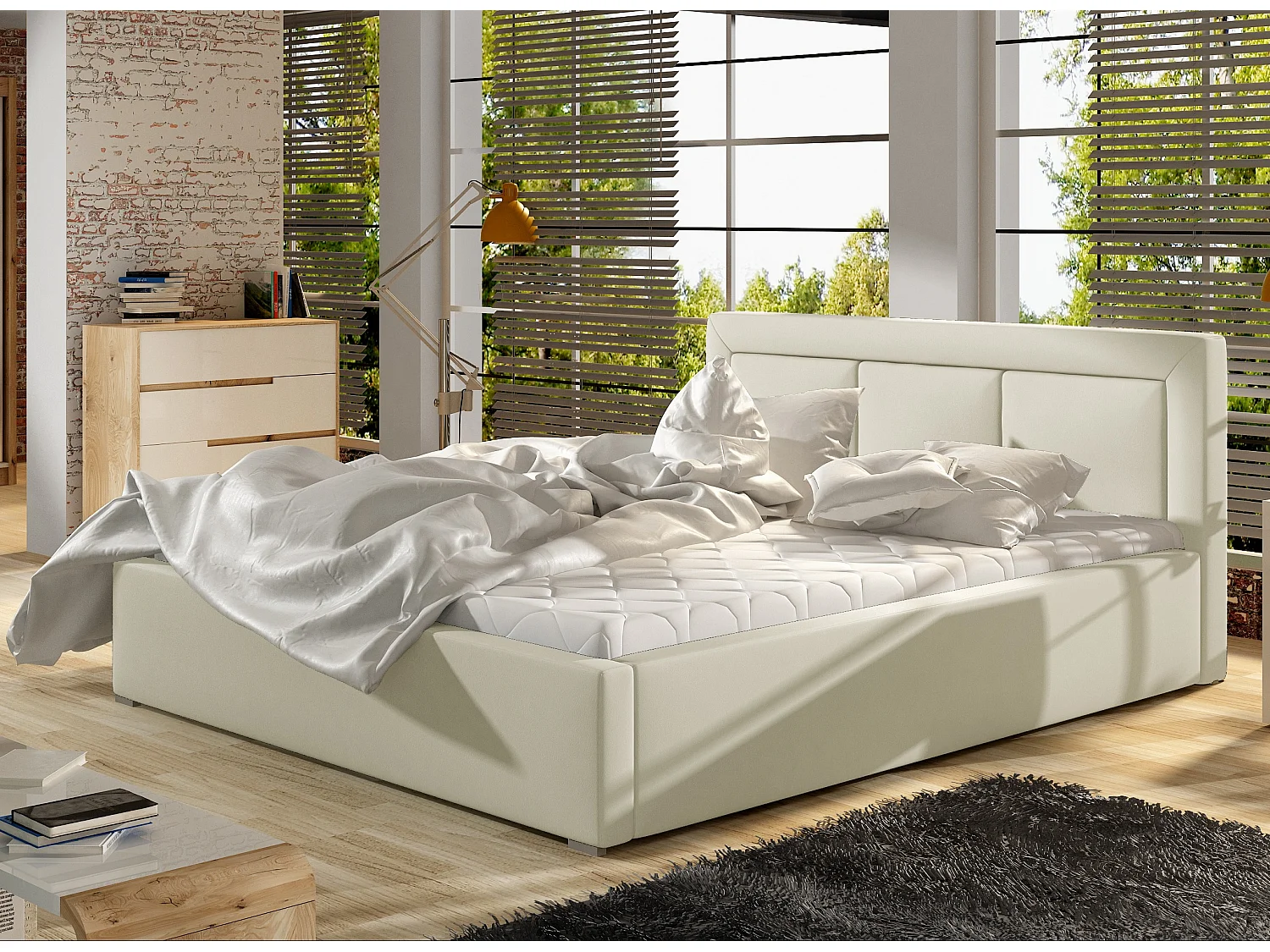 Lit coffre simili cuir beige clair grand carré capitonné Berlino - 4 tailles-140x200