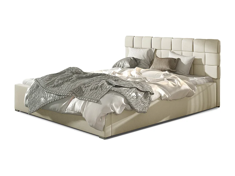 Volwassen bed met opbergdoos Kanda – Gewatteerd kunstleer-Kleur Licht beige-Slapen 180x200cm