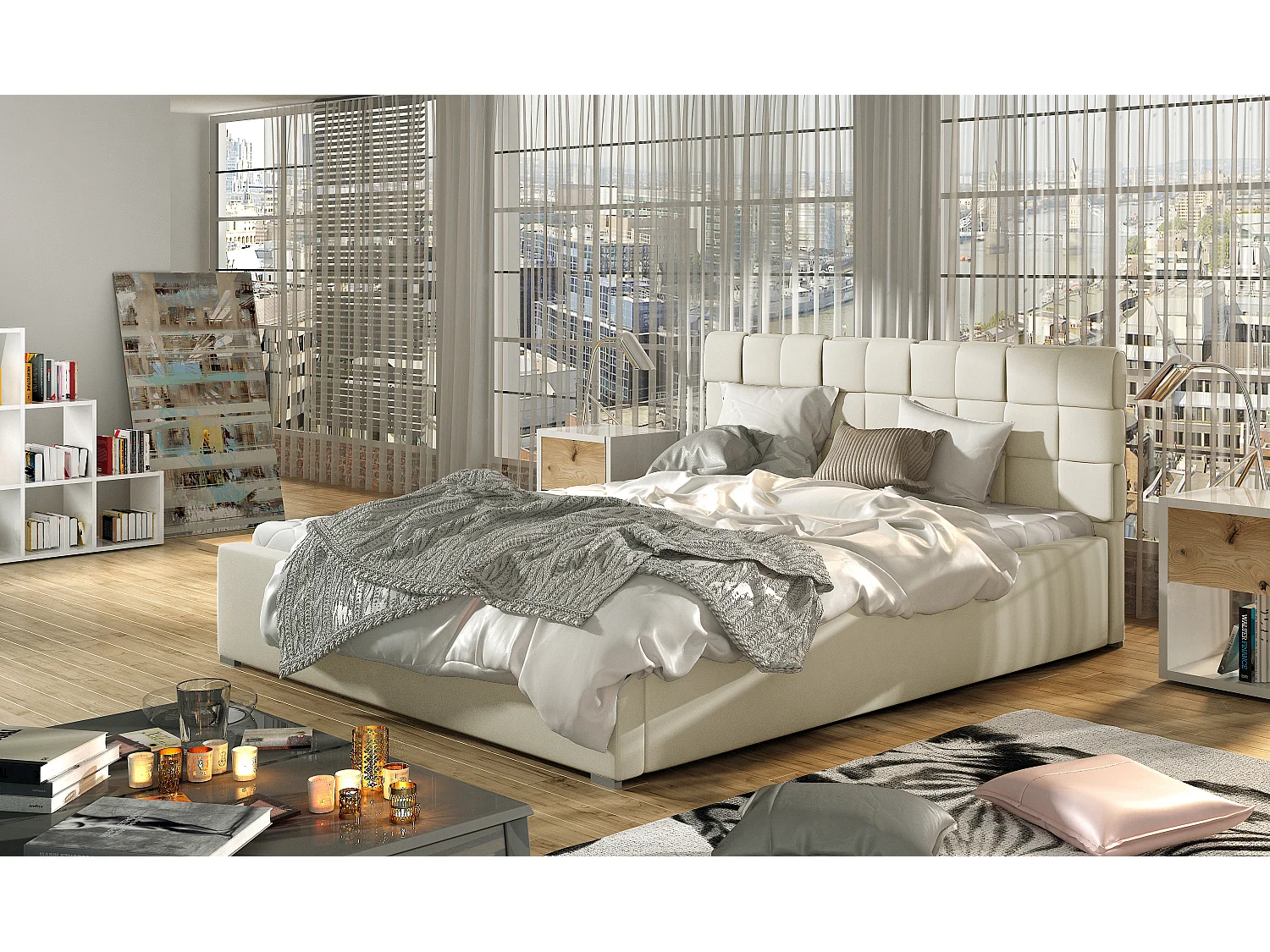 Lit avec coffre de rangement 180x200 capitonné simili cuir beige clair Kandy