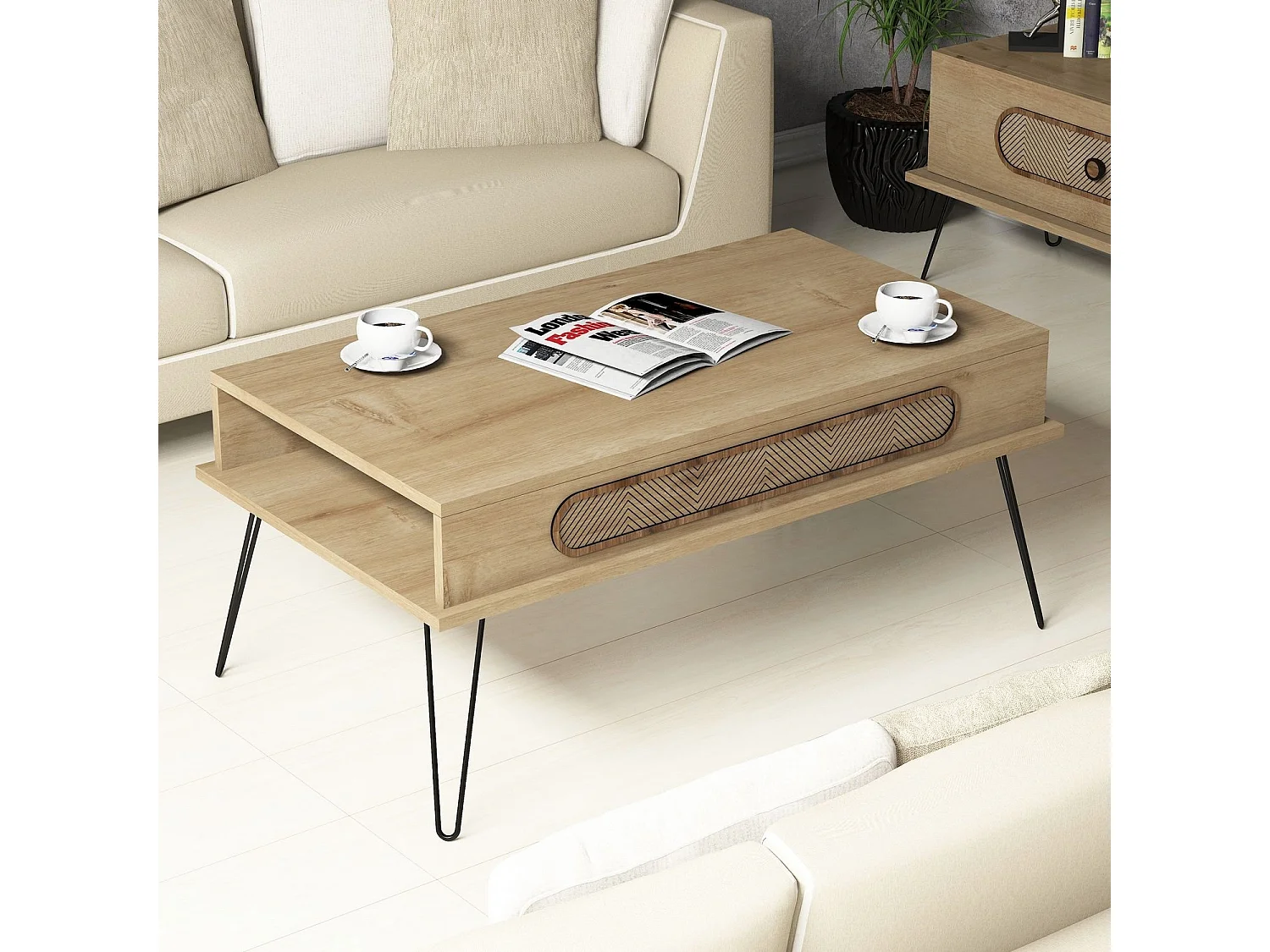 Table basse bois Chêne et pieds acier noir Koban 105cm