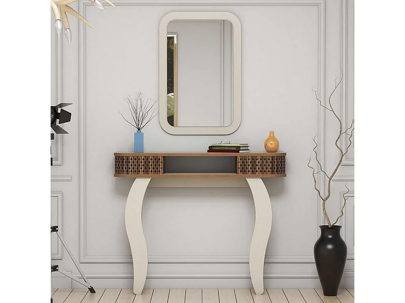 Console L105cm avec miroir mural 51x76cm Basalt Blanc crème et bois