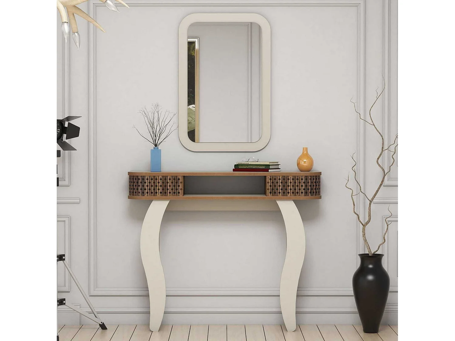 Console L105cm avec miroir mural 51x76cm Basalt Blanc crème et bois