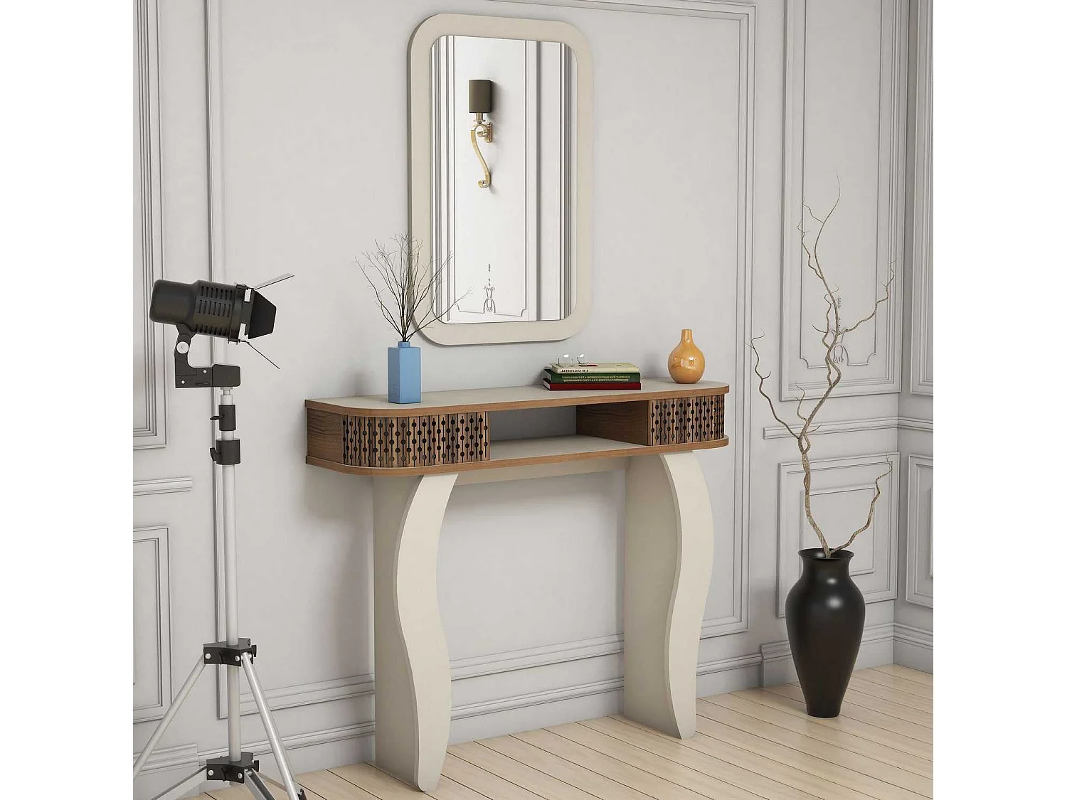 Console L105cm avec miroir mural 51x76cm Basalt Blanc crème et bois