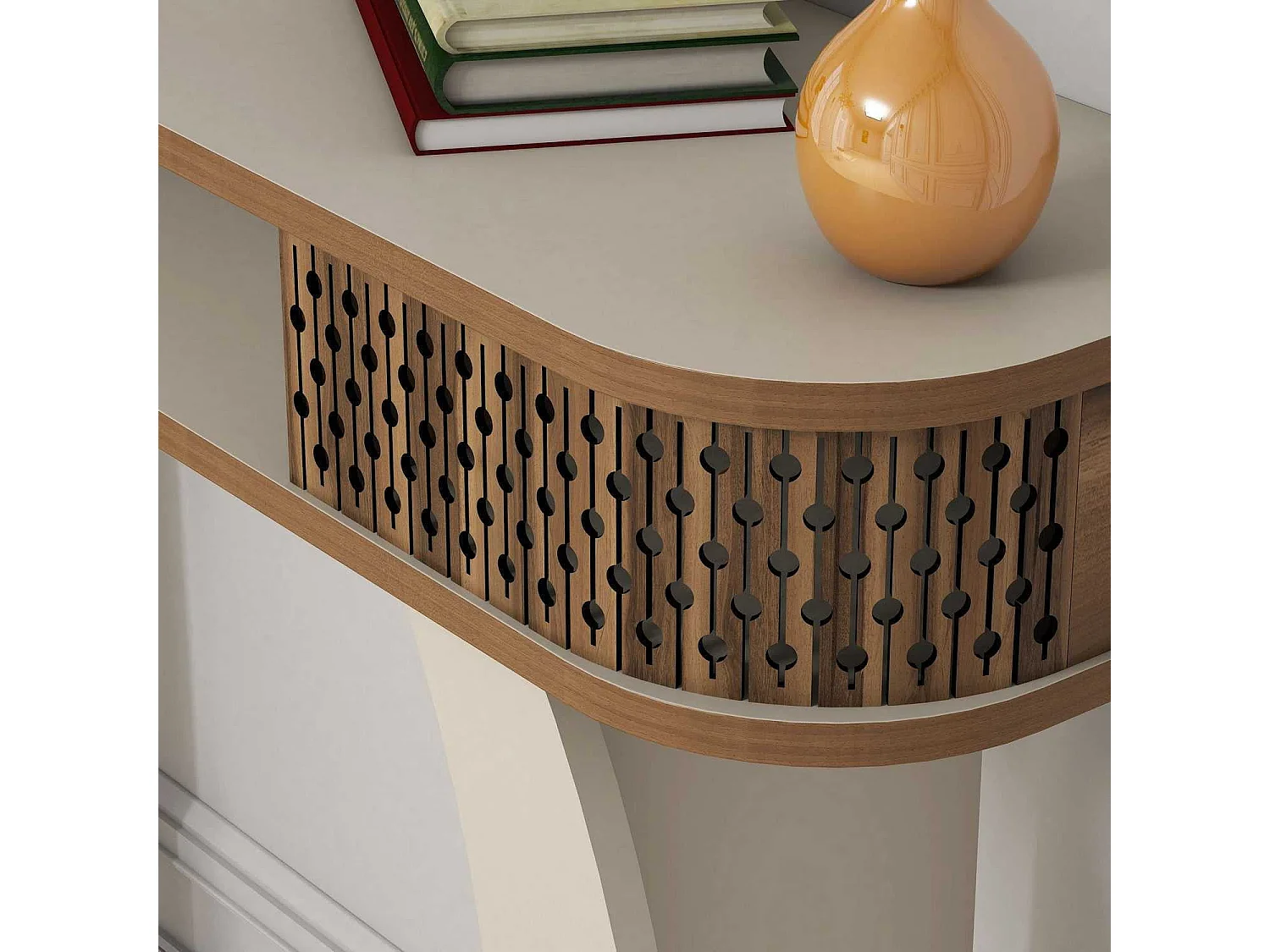 Console L105cm avec miroir mural 51x76cm Basalt Blanc crème et bois