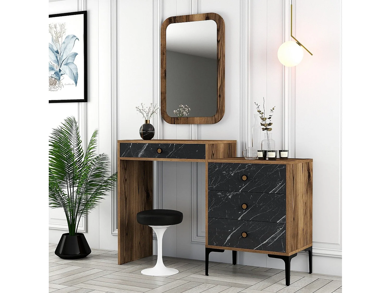 Coiffeuse 4 tiroirs avec miroir mural Secondo Bois et Noir effet marbre