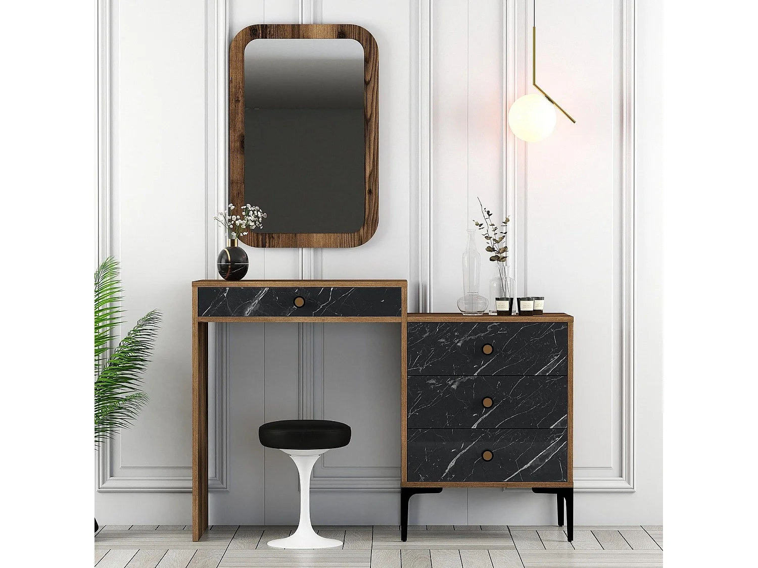 Coiffeuse 4 tiroirs avec miroir mural Secondo Bois et Noir effet marbre