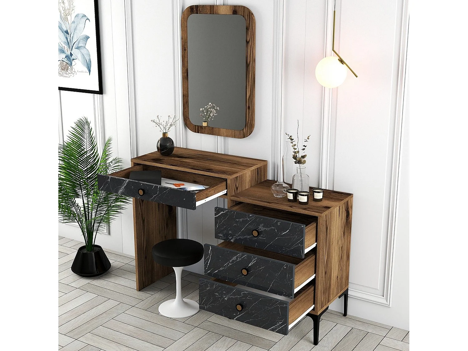 Coiffeuse 4 tiroirs avec miroir mural Secondo Bois et Noir effet marbre