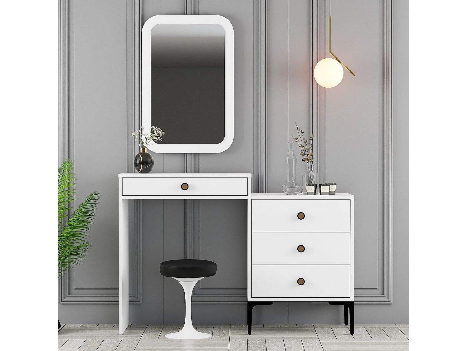 Coiffeuse 4 tiroirs avec miroir mural Secondo Blanc