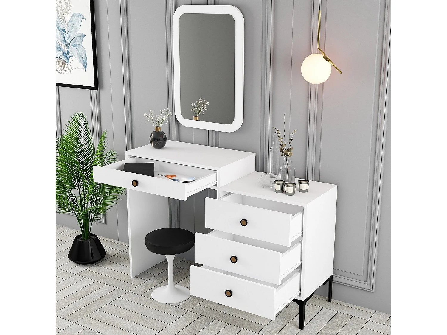 Coiffeuse 4 tiroirs avec miroir mural Secondo Blanc