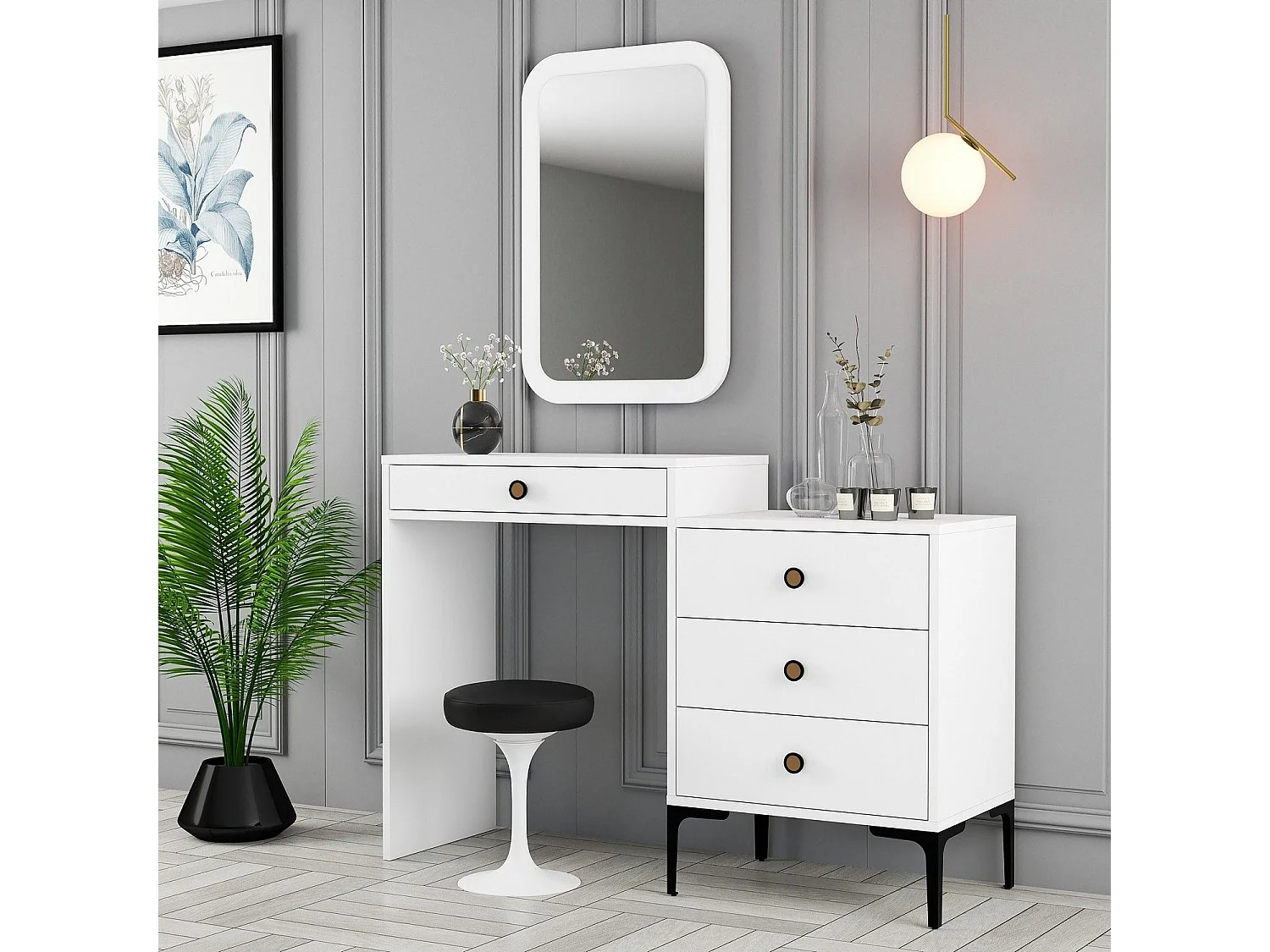 Coiffeuse 4 tiroirs avec miroir mural Secondo Blanc