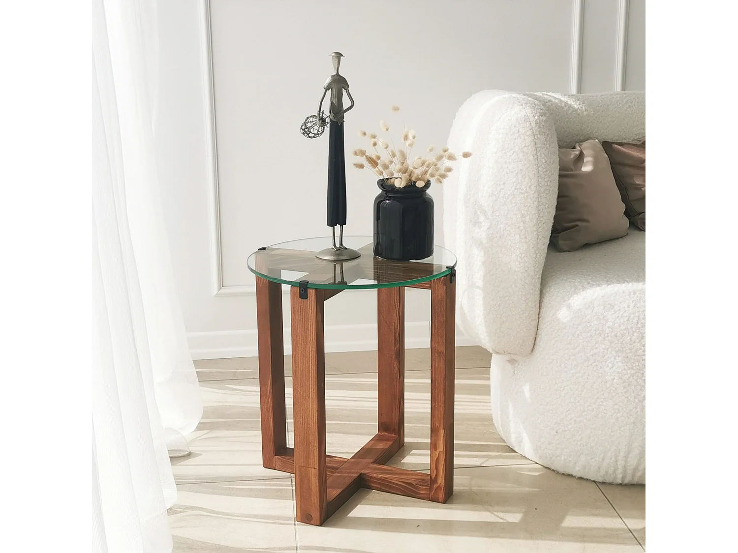 Table basse gigogne bois noyer mélaminé et verre trempé Mouka - Lot de 2