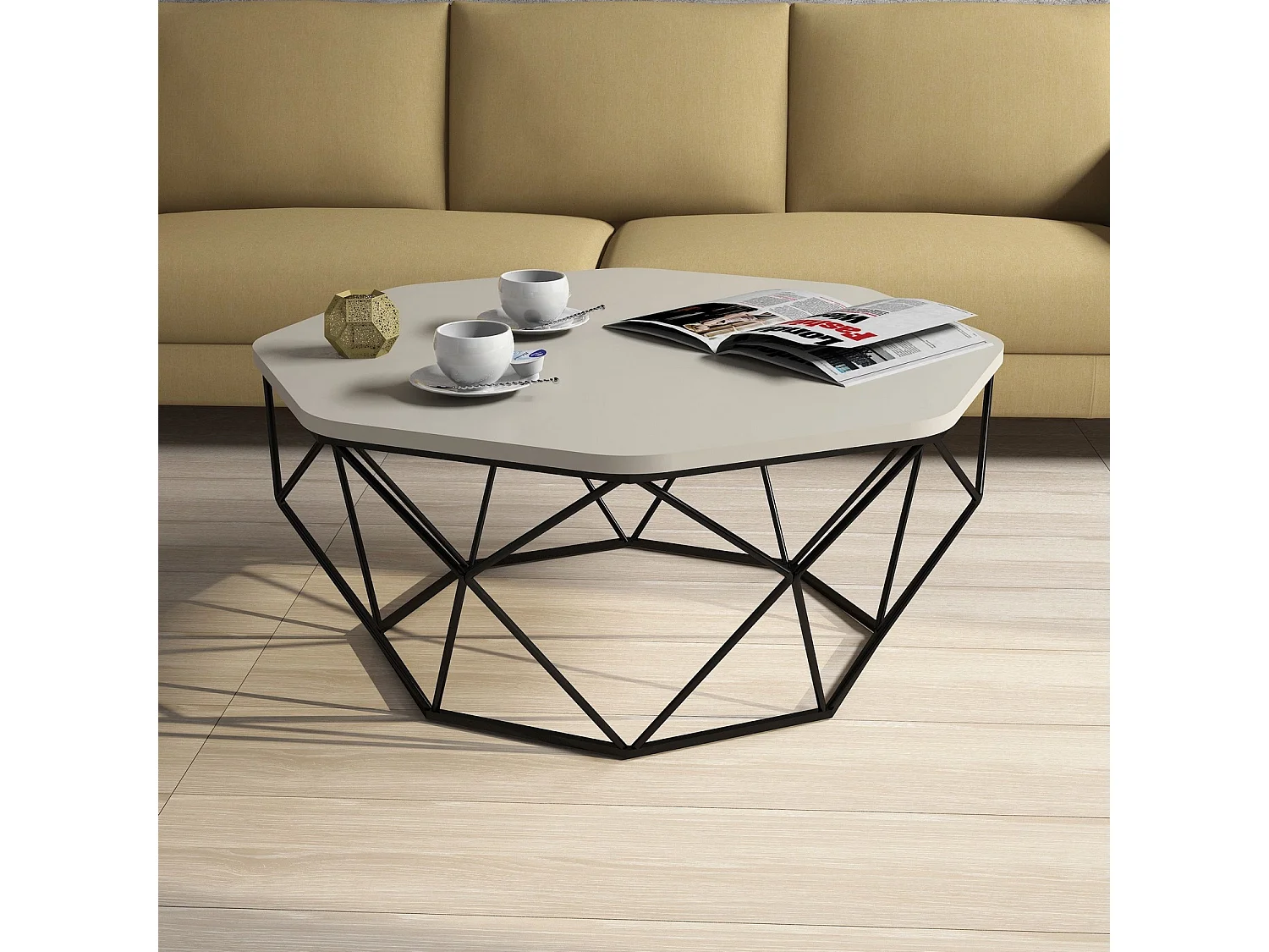 Table basse octogonale bois crème et pieds acier noir Diva 90cm