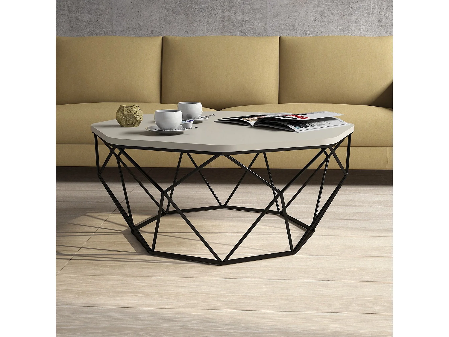 Table basse octogonale bois crème et pieds acier noir Diva 90cm