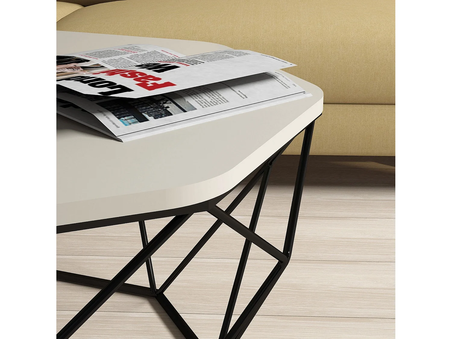 Table basse octogonale bois crème et pieds acier noir Diva 90cm