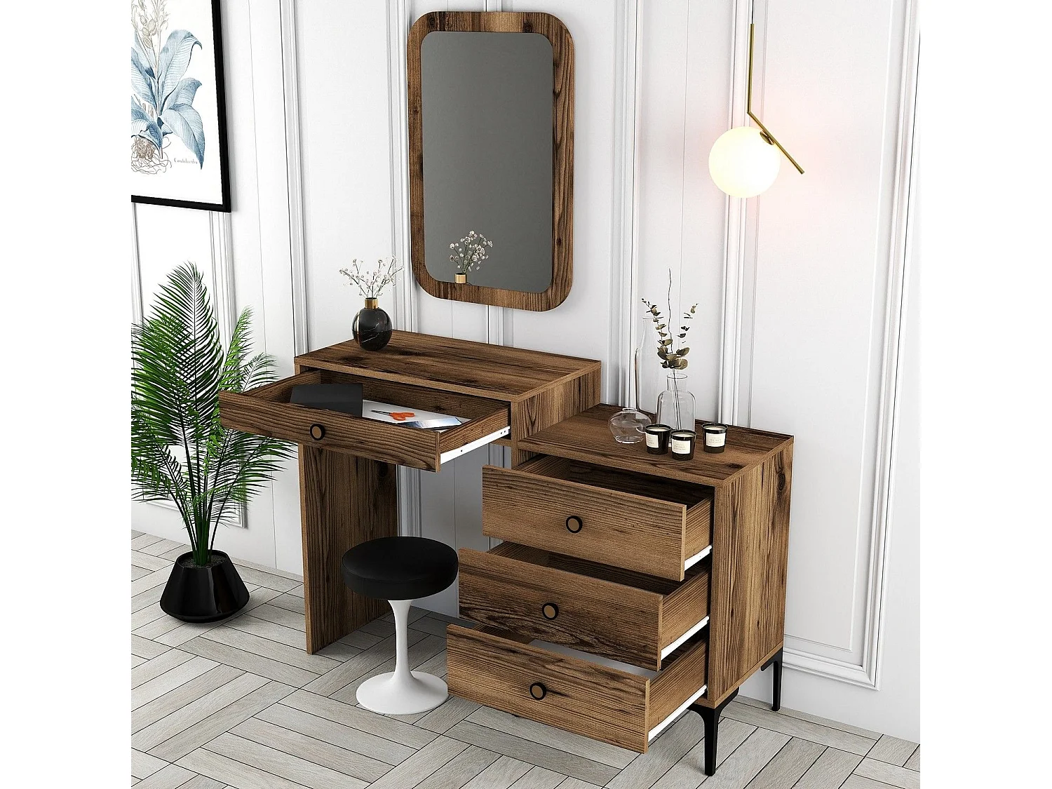 Coiffeuse 4 tiroirs avec miroir mural Secondo Bois