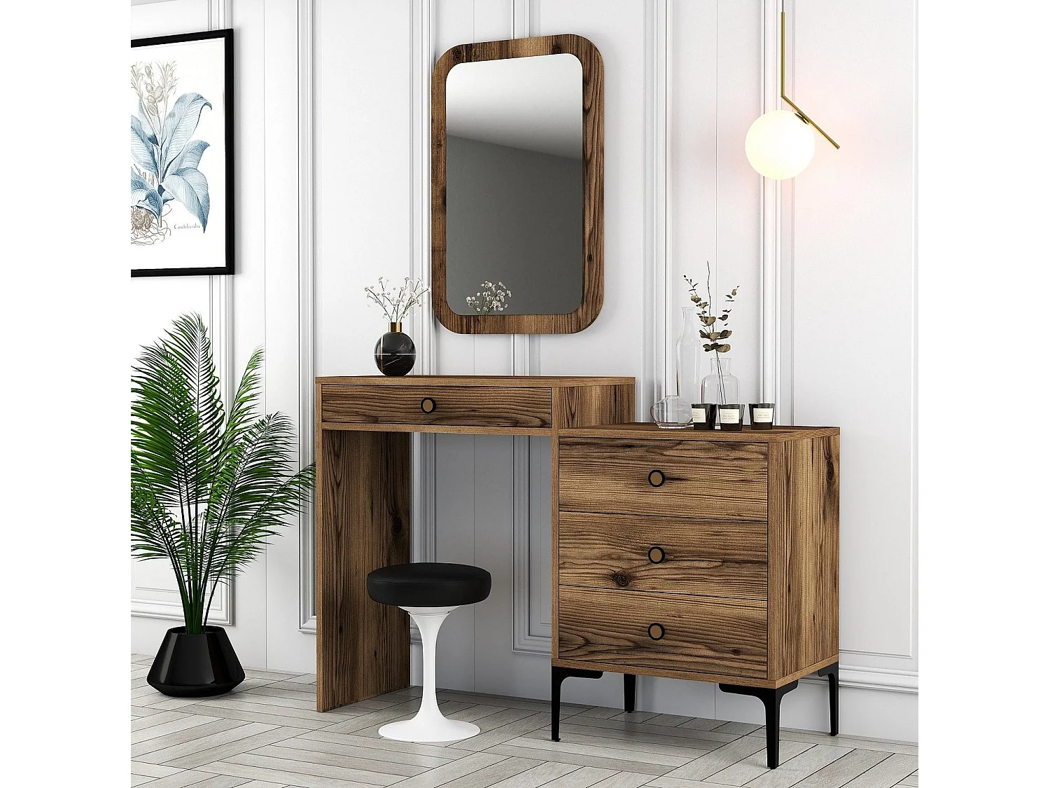 Coiffeuse 4 tiroirs avec miroir mural Secondo Bois