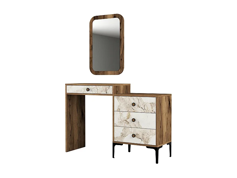 Coiffeuse 4 tiroirs avec miroir mural Secondo Bois et Blanc Effet marbre