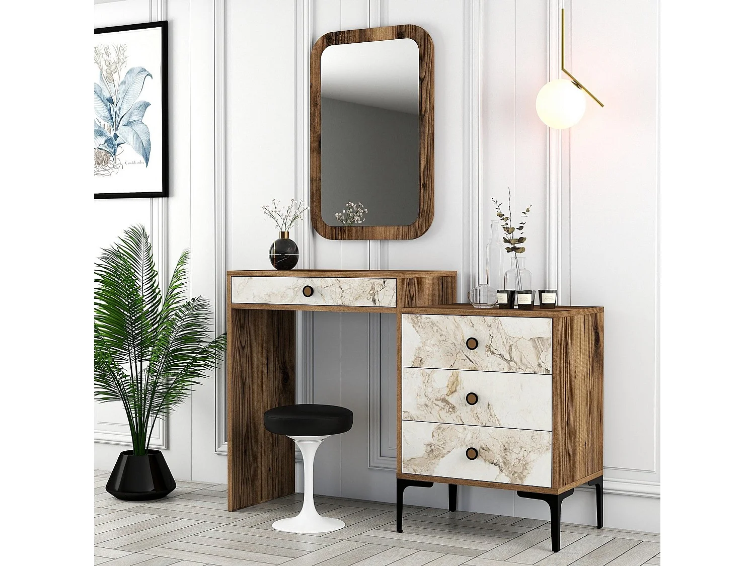 Coiffeuse 4 tiroirs avec miroir mural Secondo Bois et Blanc Effet marbre