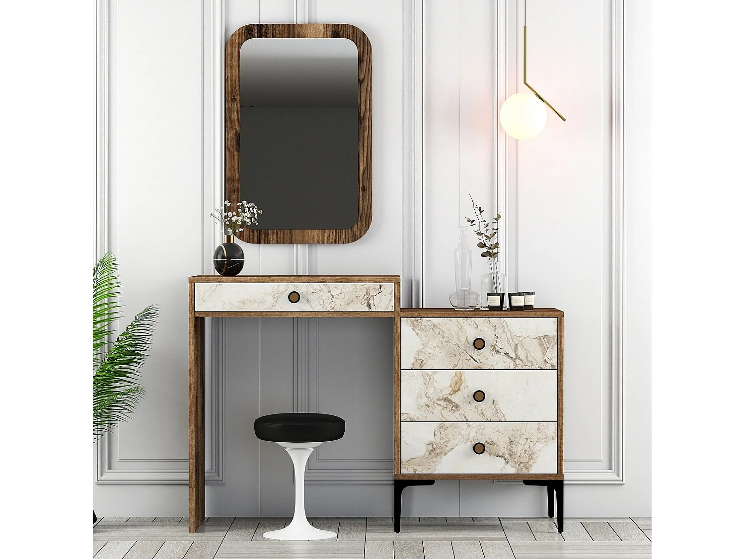 Coiffeuse 4 tiroirs avec miroir mural Secondo Bois et Blanc Effet marbre