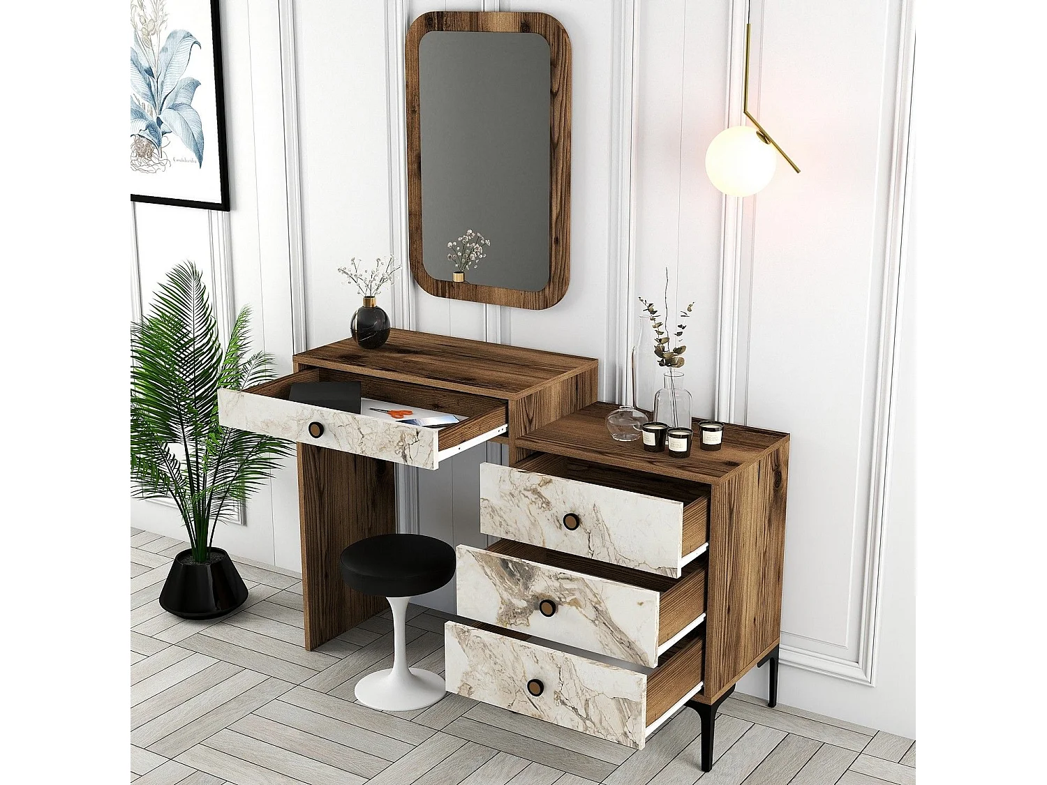 Coiffeuse 4 tiroirs avec miroir mural Secondo Bois et Blanc Effet marbre