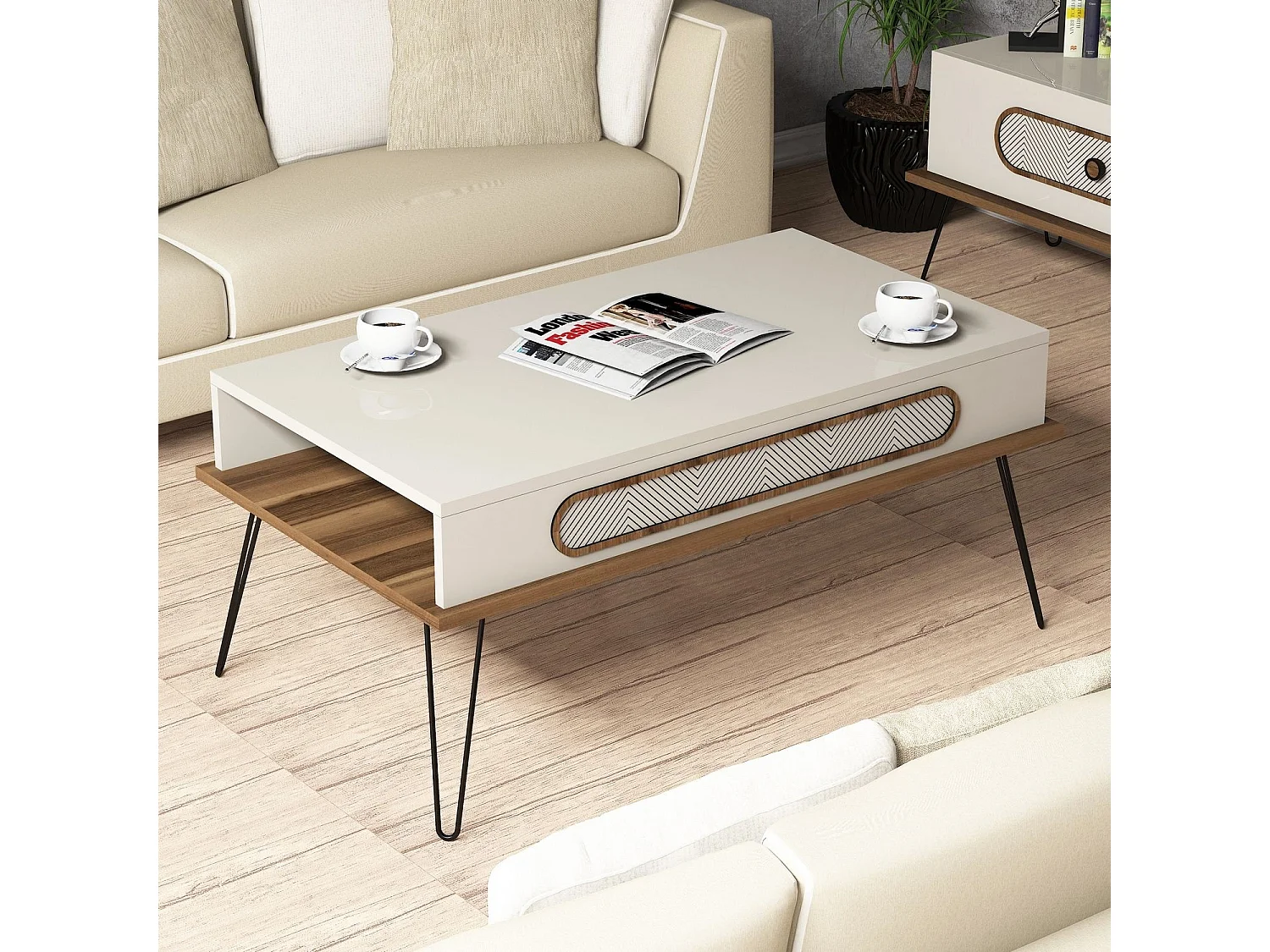 Table basse bois beige clair et pieds acier noir Koban 105cm