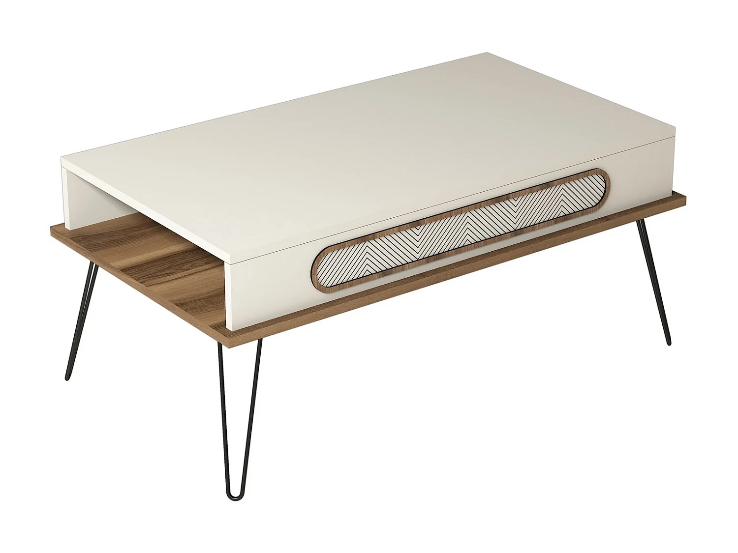 Lichtbeige houten salontafel en zwarte Koban stalen poten 105 cm