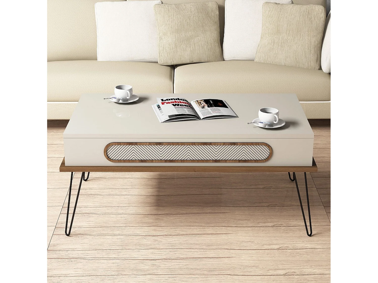 Lichtbeige houten salontafel en zwarte Koban stalen poten 105 cm