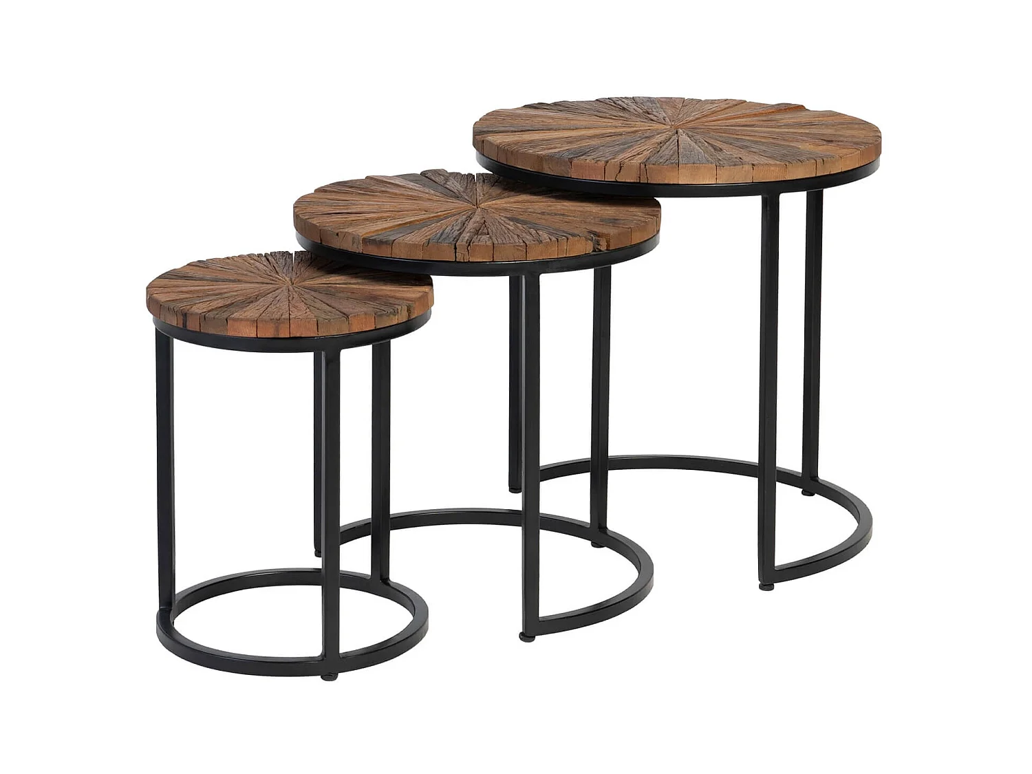 Table basse ronde gigogne style industriel bois recyclé et métal noir laqué mat Kala - Lot de 3