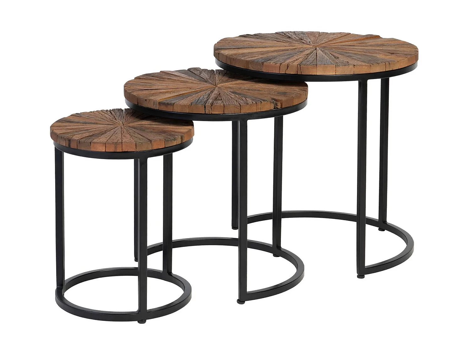 Table basse ronde gigogne style industriel bois recyclé et métal noir laqué mat Kala - Lot de 3