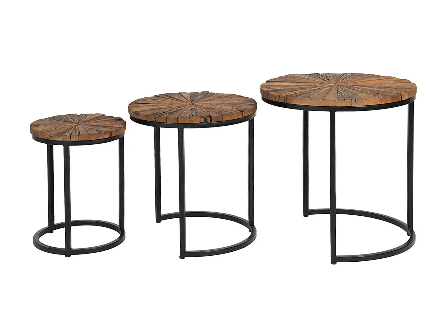 Table basse ronde gigogne style industriel bois recyclé et métal noir laqué mat Kala - Lot de 3
