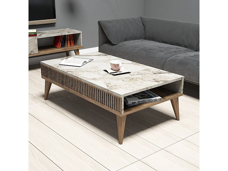 Table basse Yemaya 105x60cm Bois Naturel et Blanc effet marbre