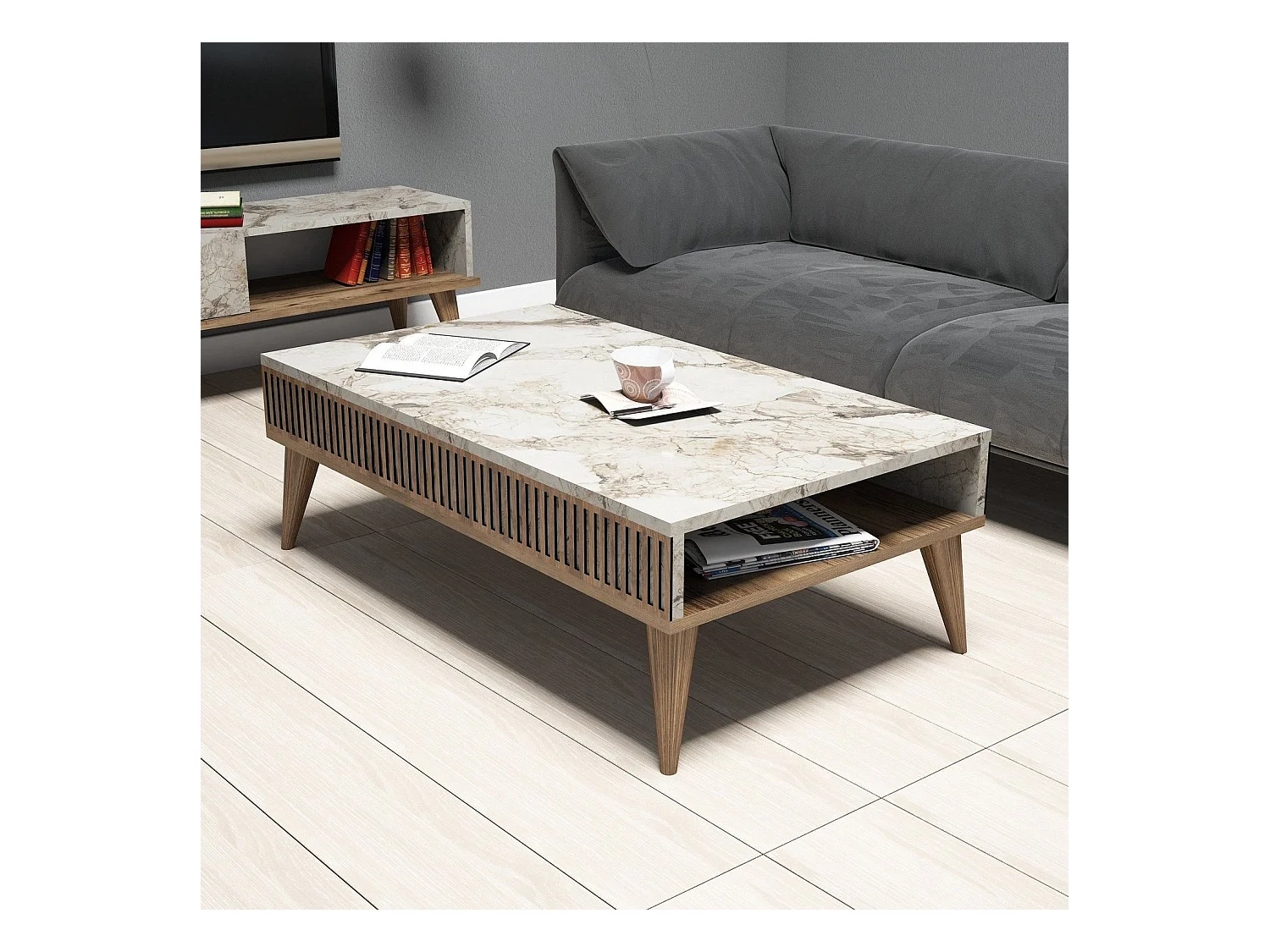 Table basse Yemaya 105x60cm Bois Naturel et Blanc effet marbre