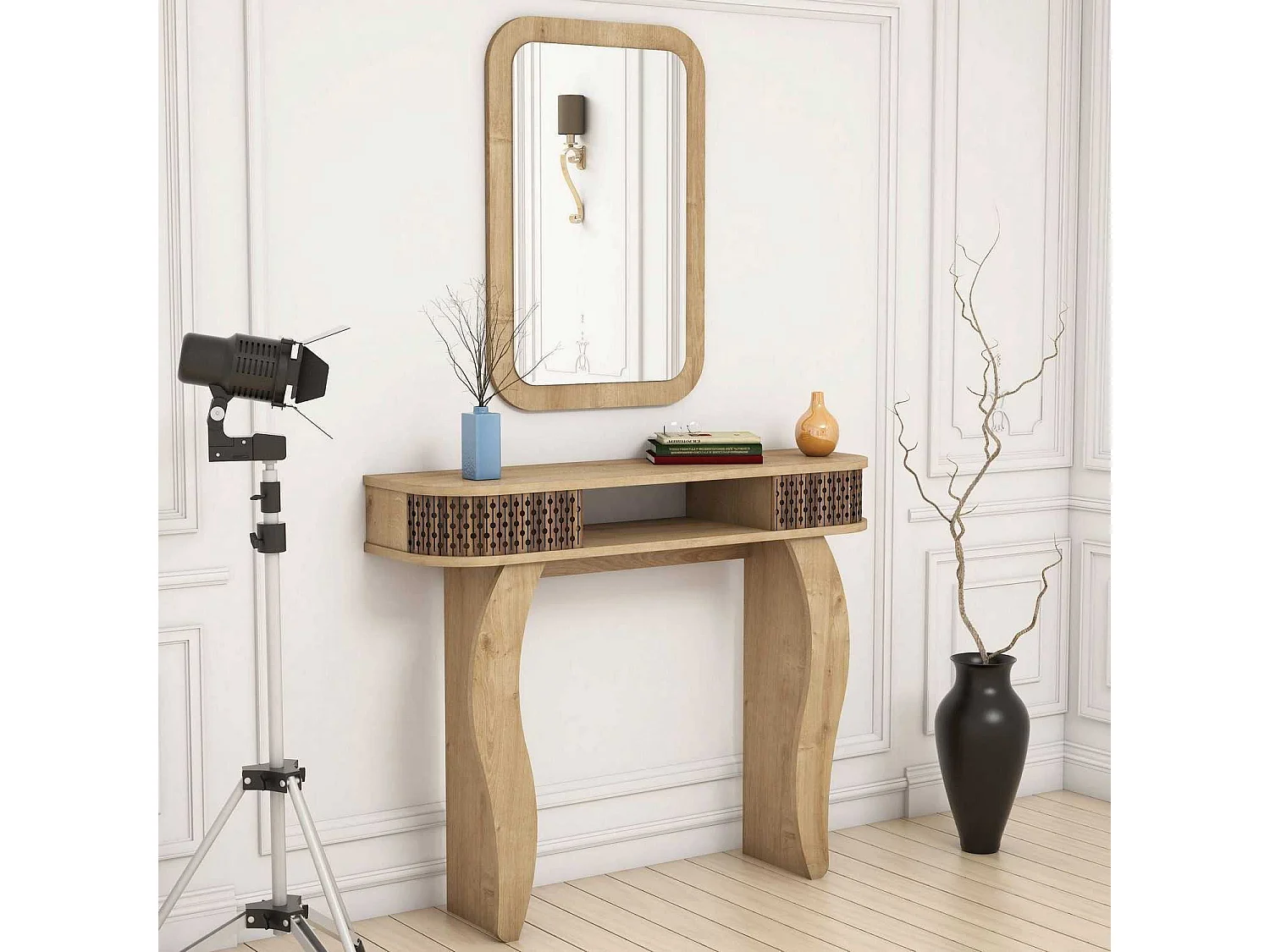 Console L105cm avec miroir mural 51x76cm Basalt Bois clair et bois foncé