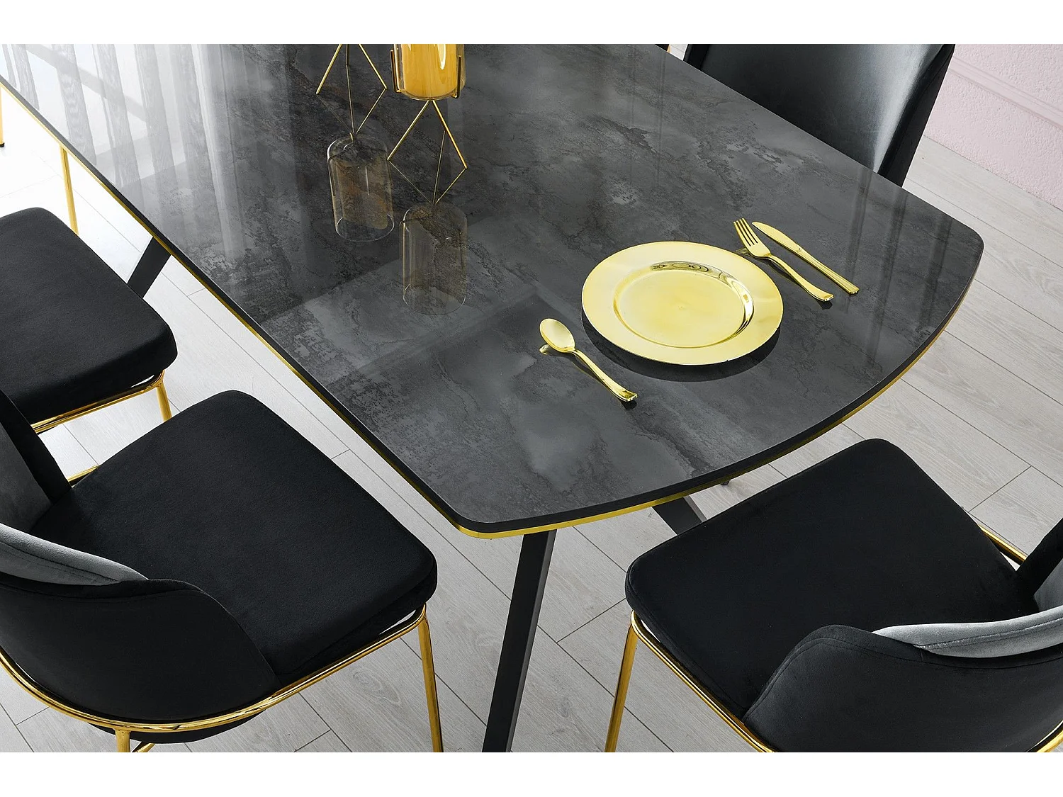 Table à manger Fotka 180cm Bois Effet marbre Noir et Or