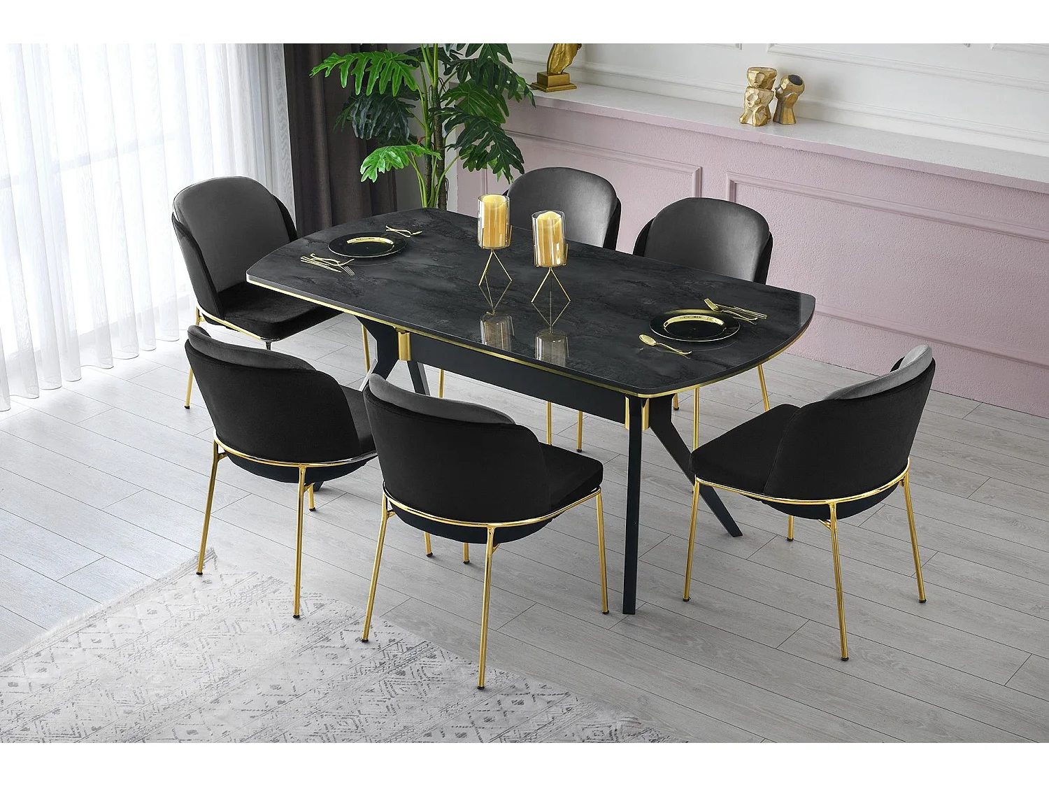 Table à manger Fotka 180cm Bois Effet marbre Noir et Or