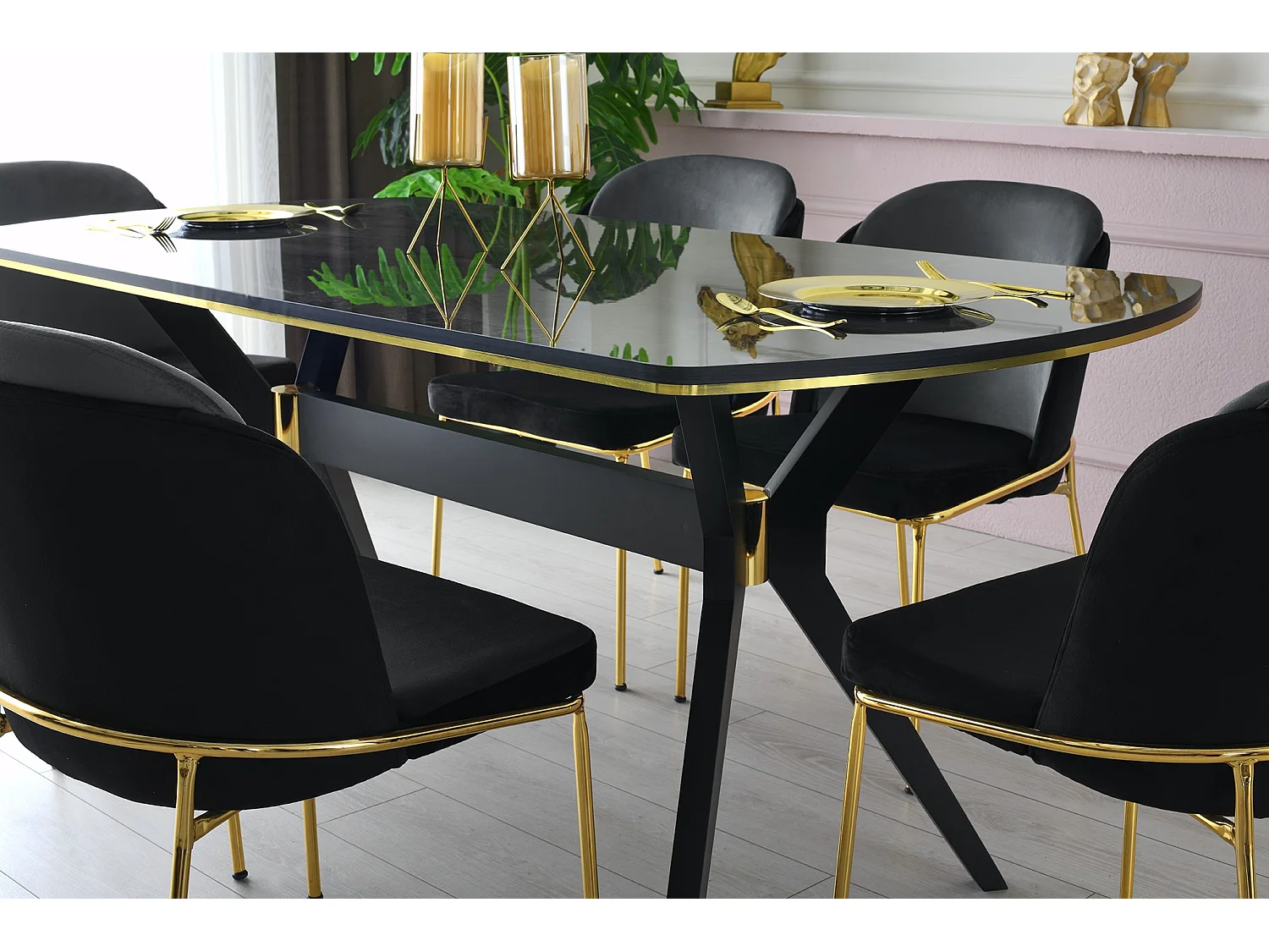 Table à manger Fotka 180cm Bois Effet marbre Noir et Or