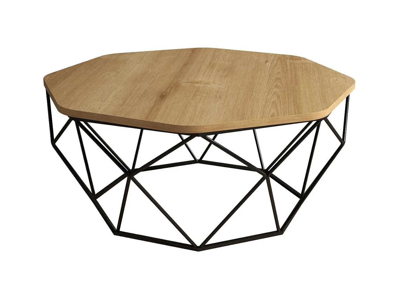 Table basse octogonale bois chêne clair et pieds acier noir Diva 90cm