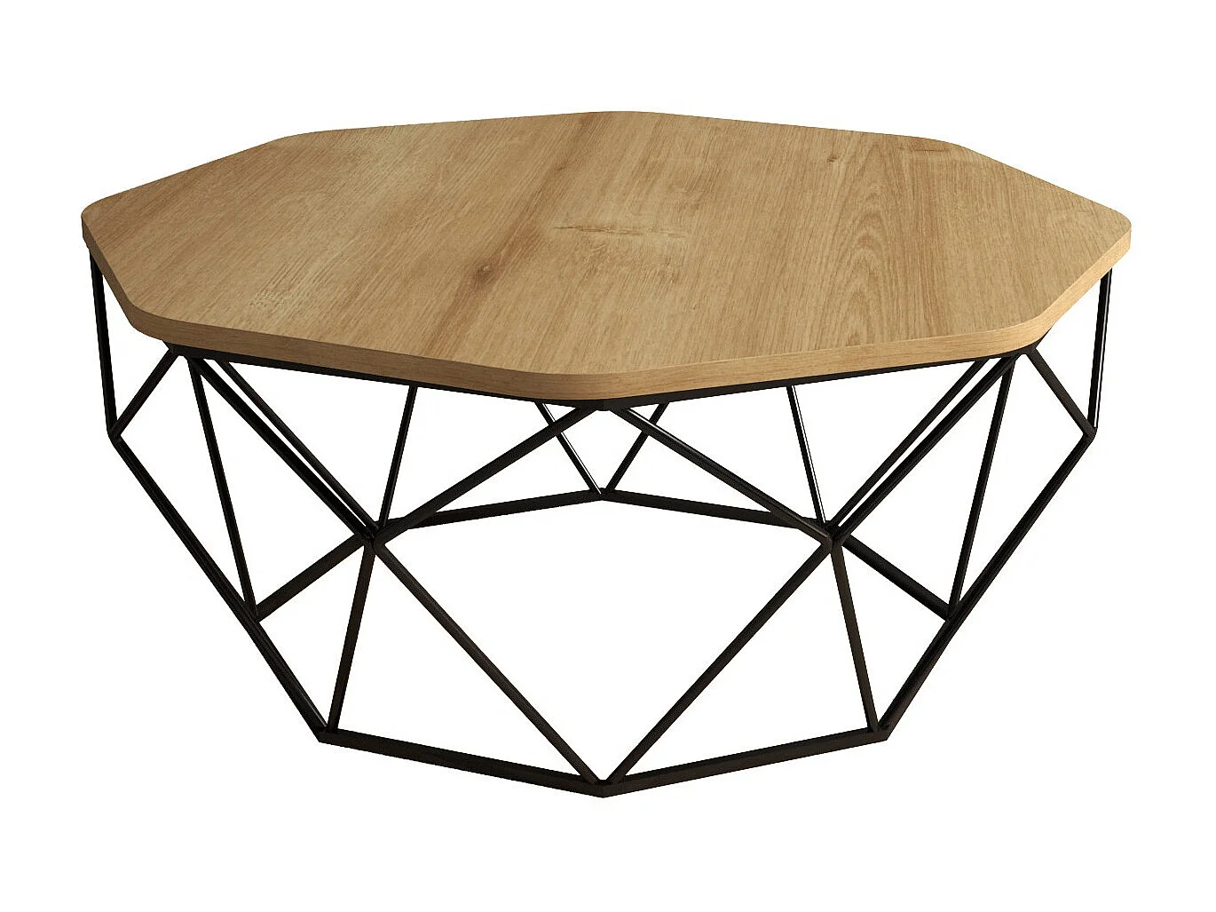 Achthoekige salontafel in licht eikenhout en zwart stalen poten Diva 90 cm