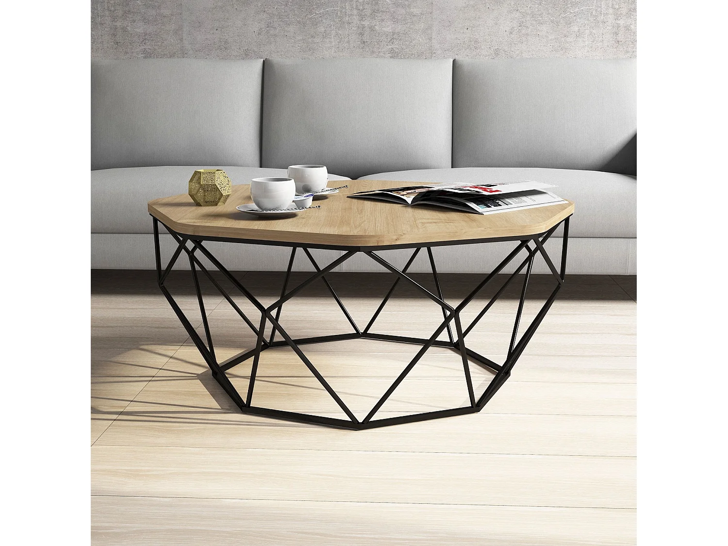 Achthoekige salontafel in licht eikenhout en zwart stalen poten Diva 90 cm