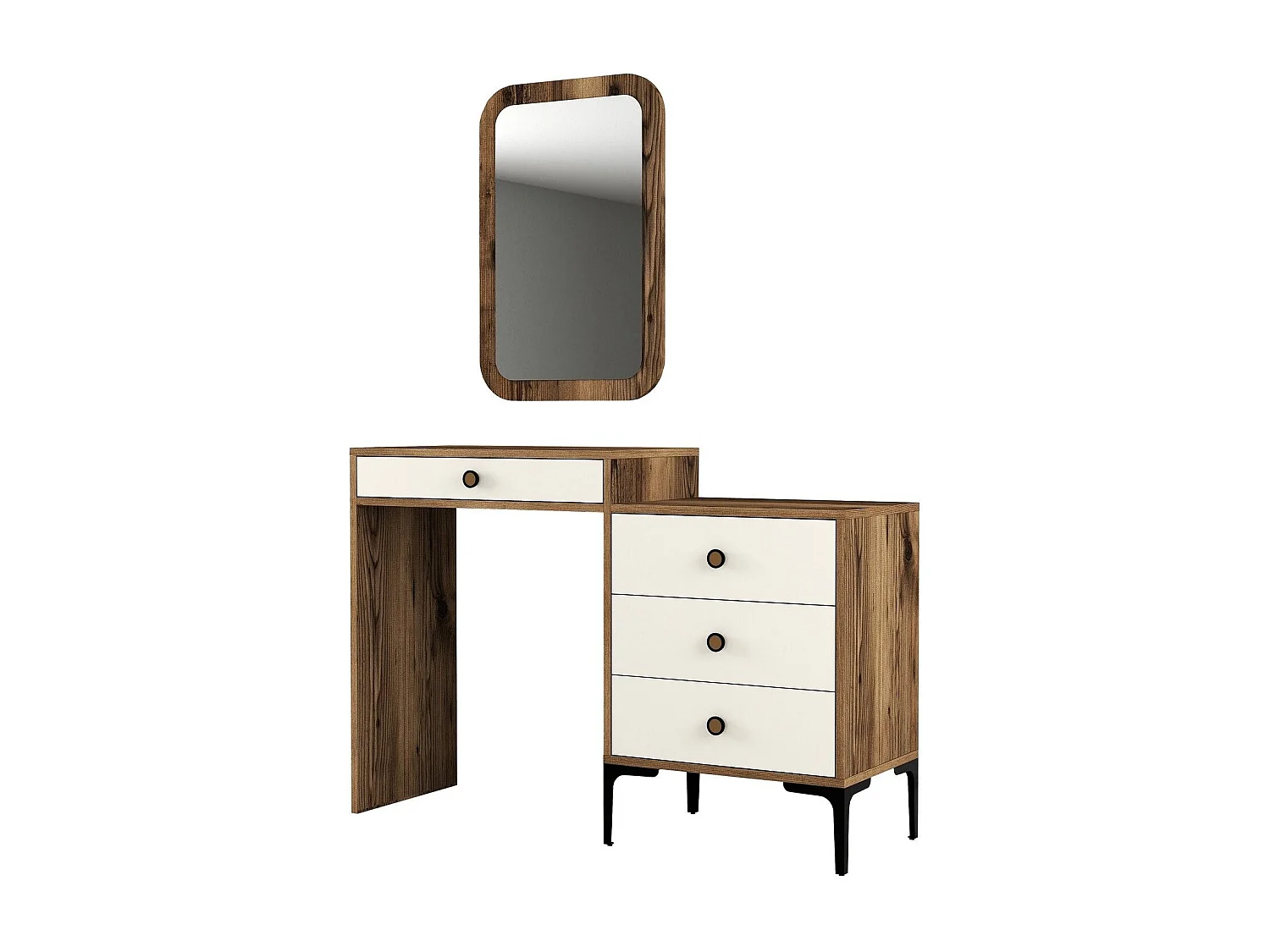 Coiffeuse 4 tiroirs avec miroir mural Secondo Bois et Blanc crème