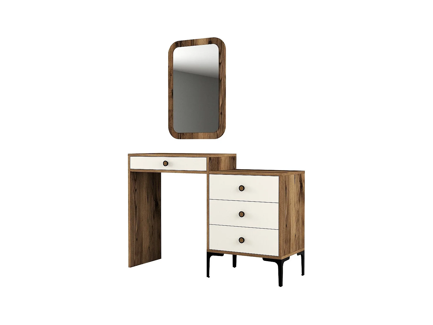 Coiffeuse 4 tiroirs avec miroir mural Secondo Bois et Blanc crème
