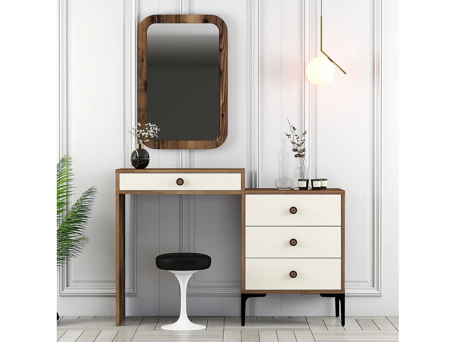 Coiffeuse 4 tiroirs avec miroir mural Secondo Bois et Blanc crème