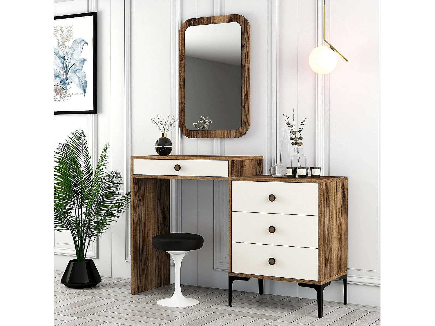 Coiffeuse 4 tiroirs avec miroir mural Secondo Bois et Blanc crème