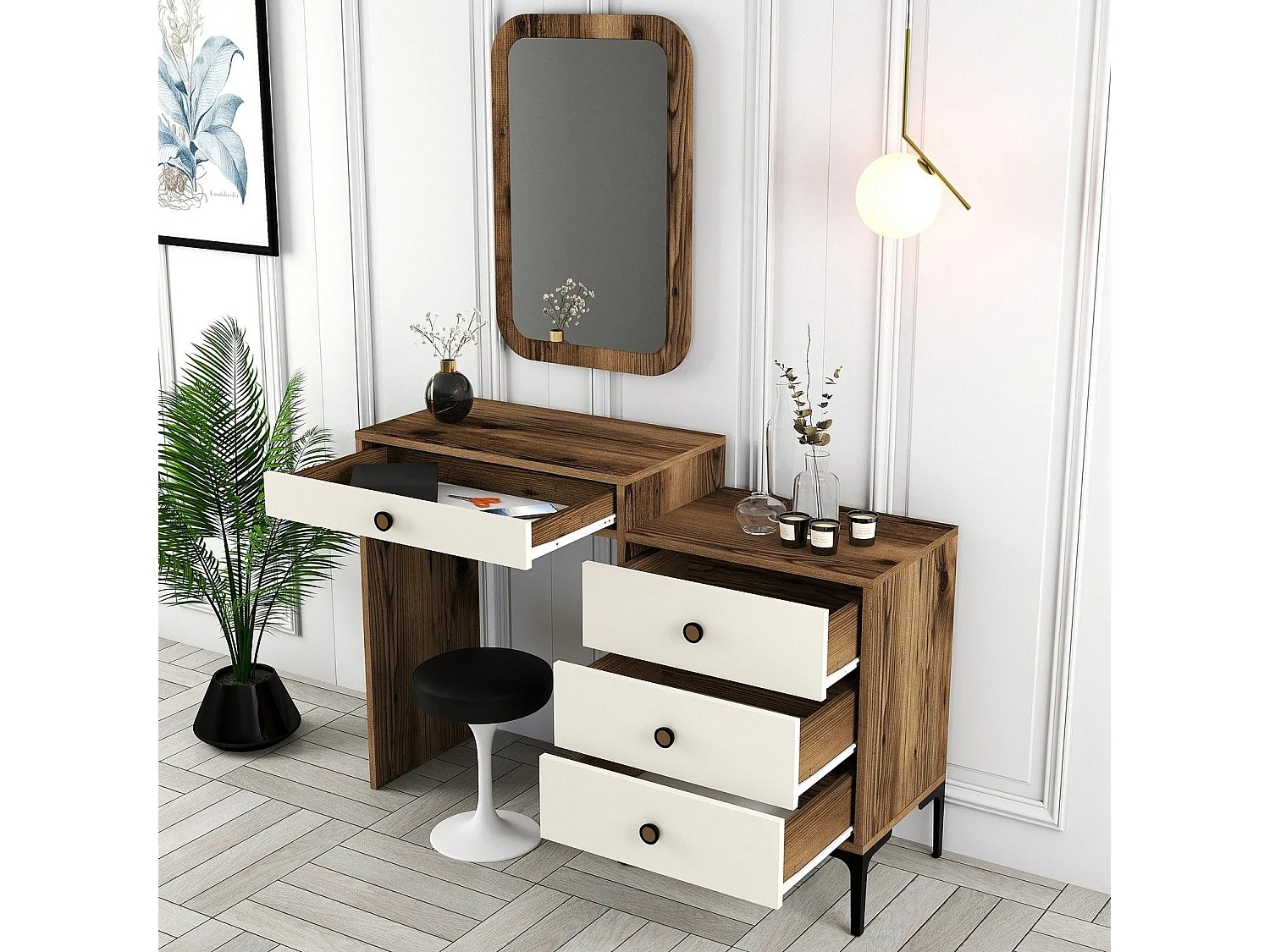 Coiffeuse 4 tiroirs avec miroir mural Secondo Bois et Blanc crème